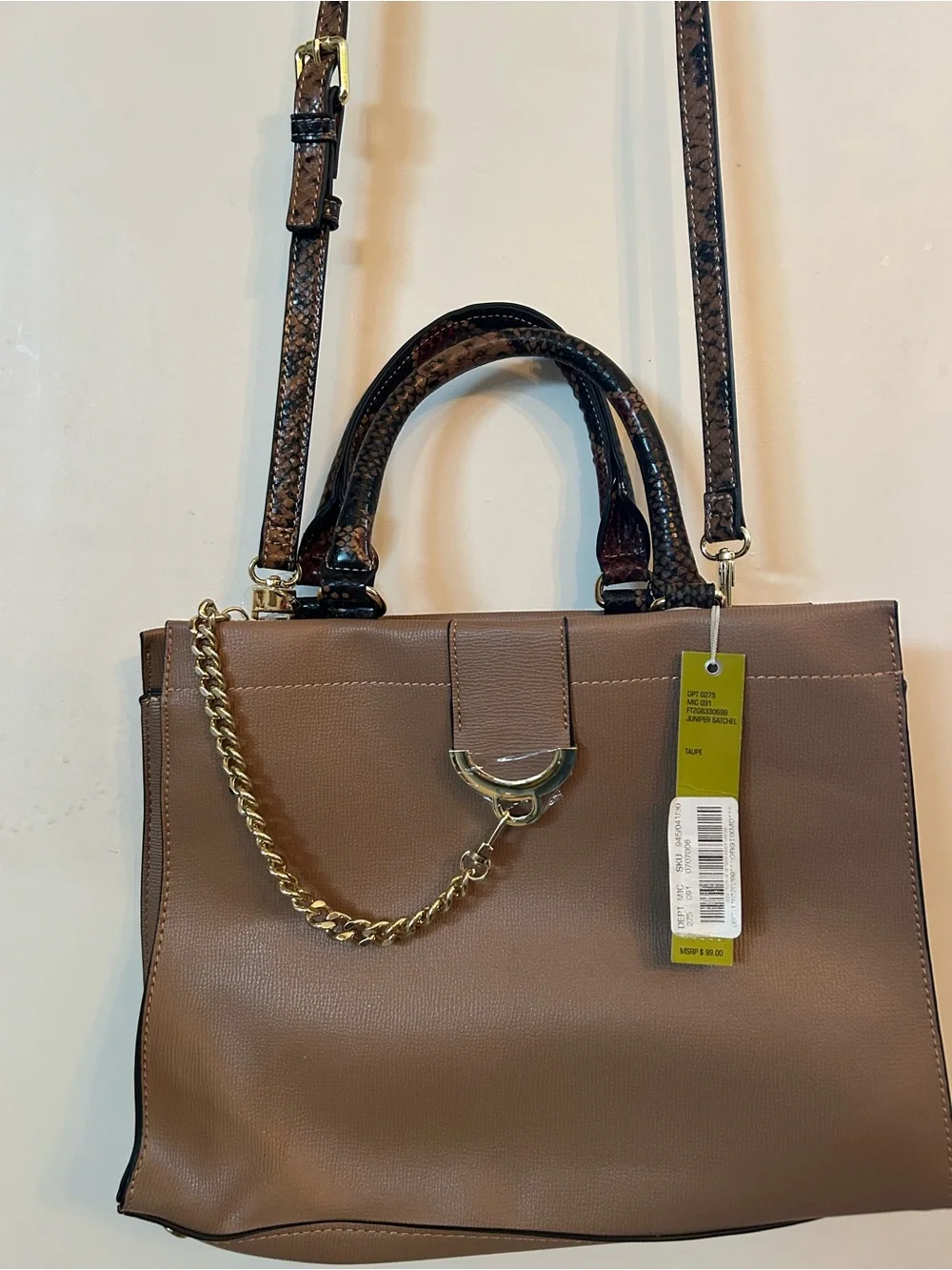 Gianni Bini Taupe Structured Satchel with Gold Chain Accent